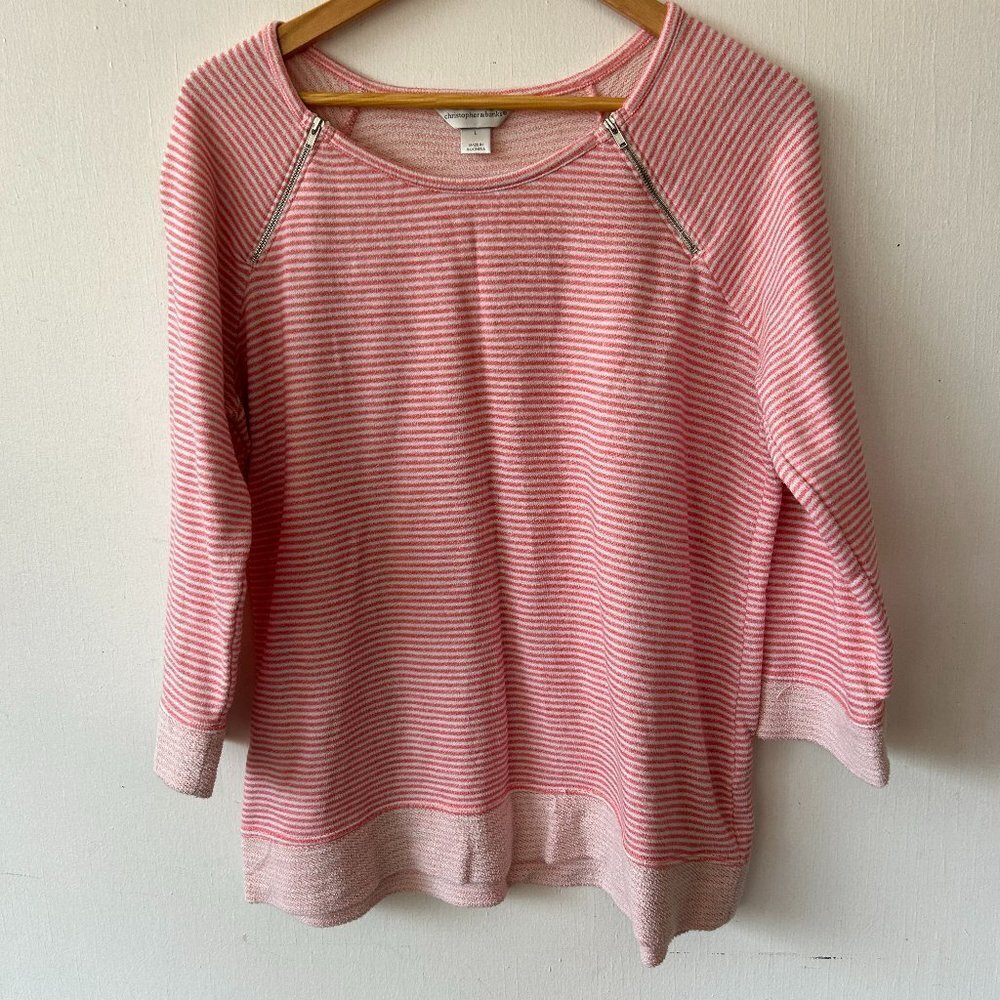 Christopher & Banks Sweatshirt Womens Large Pink Striped Zipper Detail Pullover